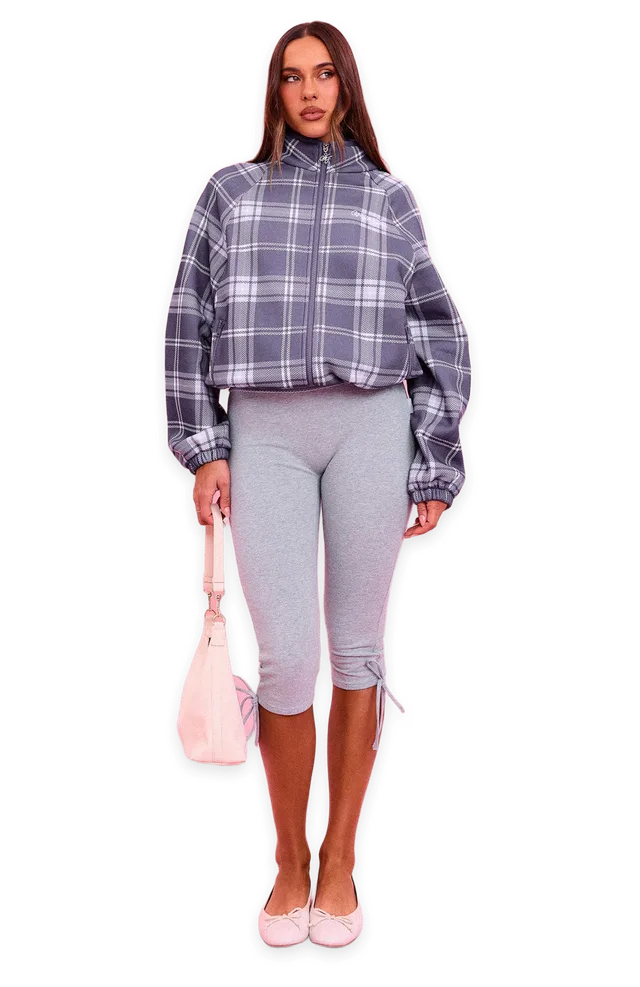 White Fox The Social Club Bianca Oversized Zip Front Funnel Neck Jacket Navy Plaid