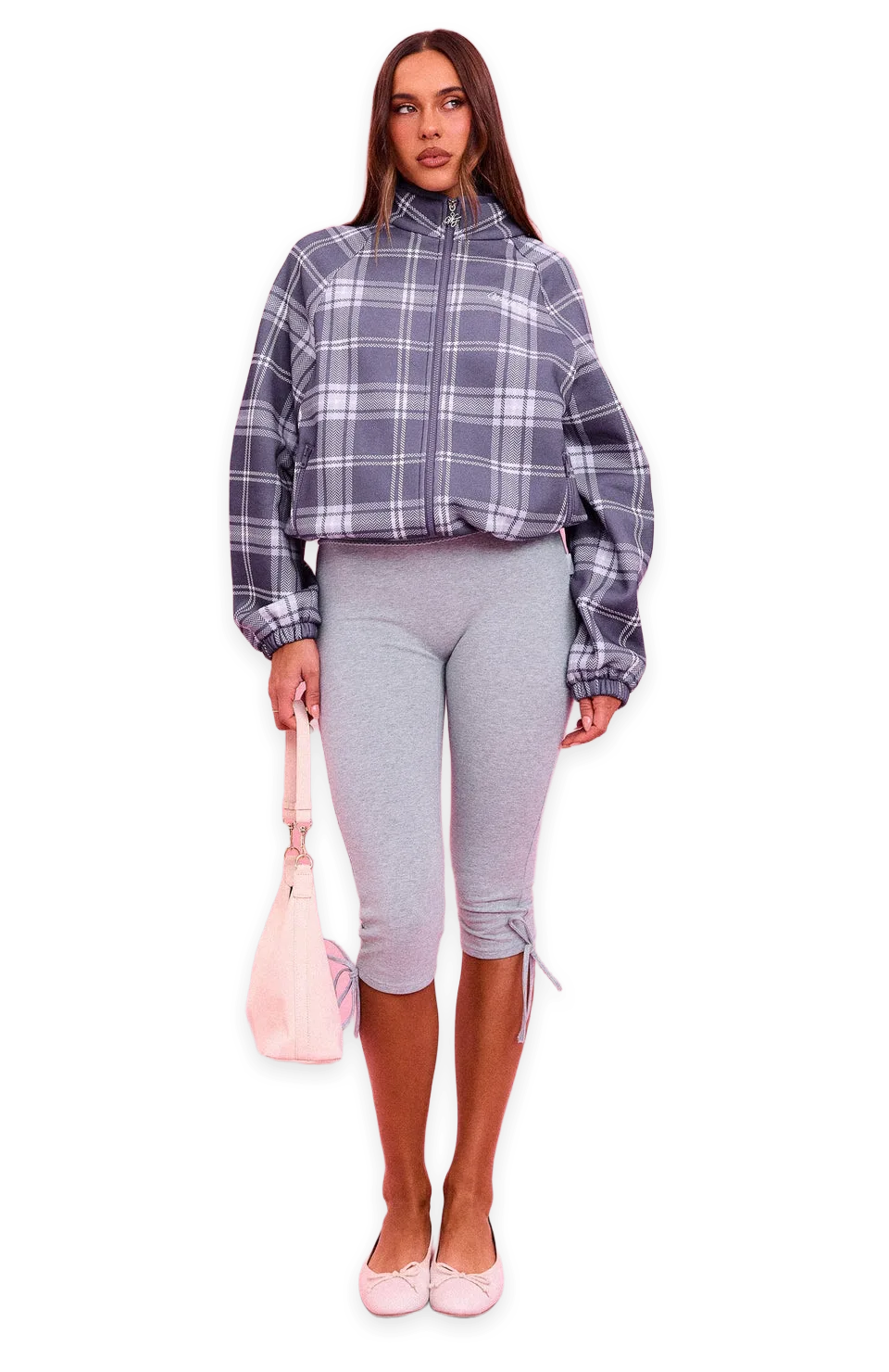 White Fox The Social Club Bianca Oversized Zip Front Funnel Neck Jacket Navy Plaid