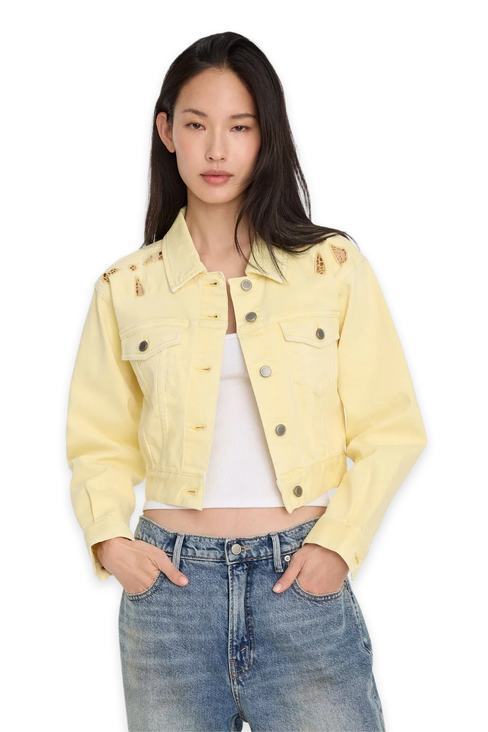 Good American ESSENTIAL CROP DENIM JACKET EMBROIDERED
