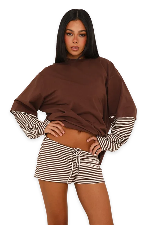 White Fox Let's Take Our Time Relaxed Shorts Chocolate/Cream Stripe