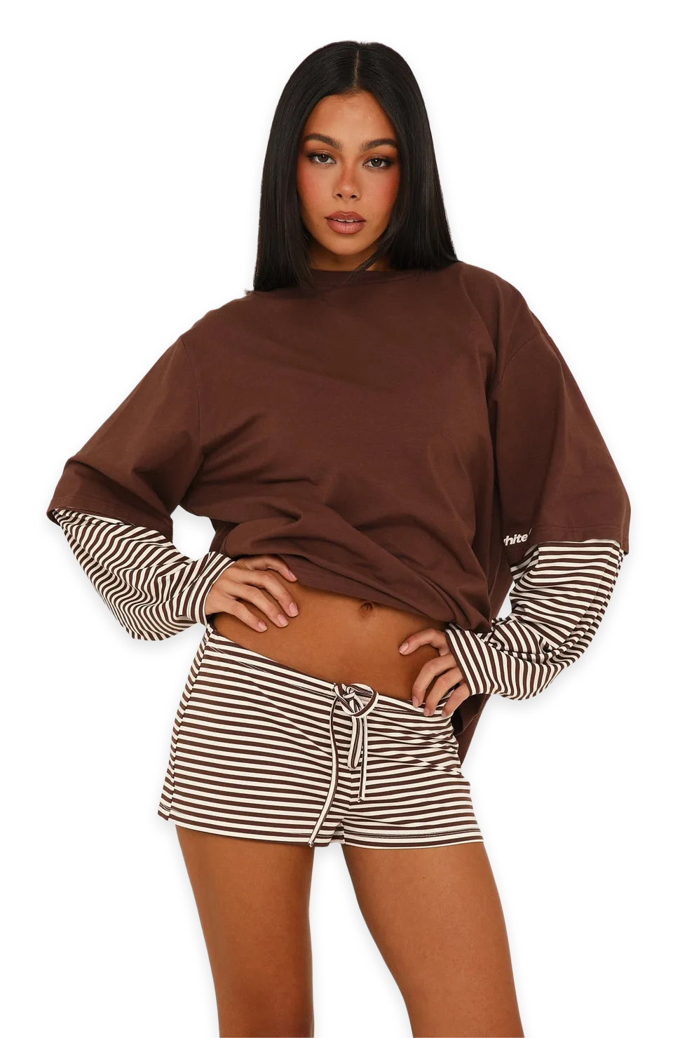 White Fox Let's Take Our Time Relaxed Shorts Chocolate/Cream Stripe, photo 2