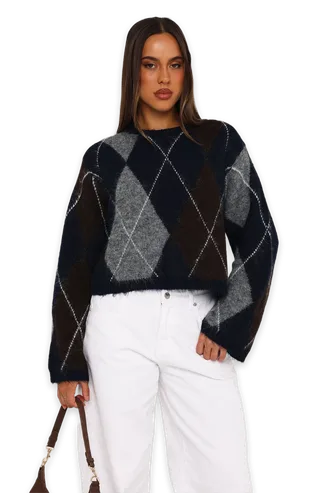 White Fox Rosy Glow Argyle Knit Sweater Navy
