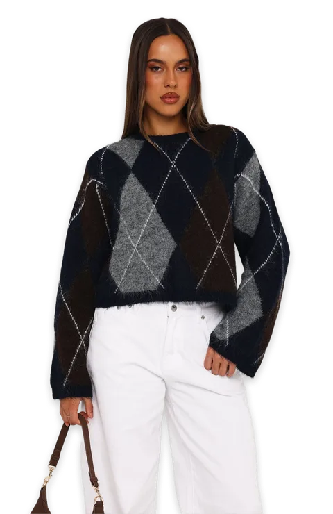 White Fox Rosy Glow Argyle Knit Sweater Navy