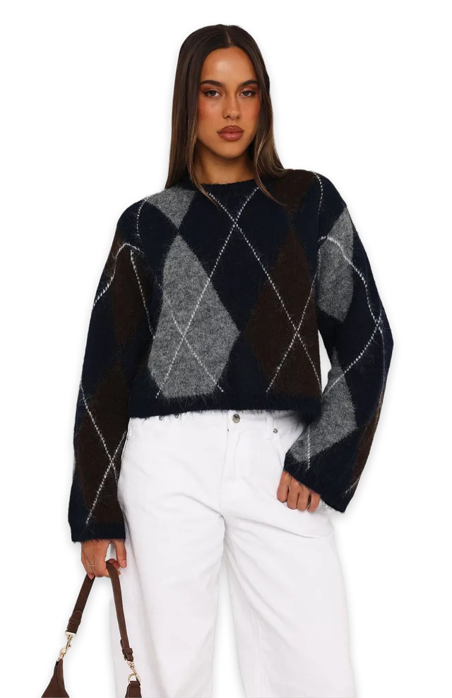 White Fox Rosy Glow Argyle Knit Sweater Navy