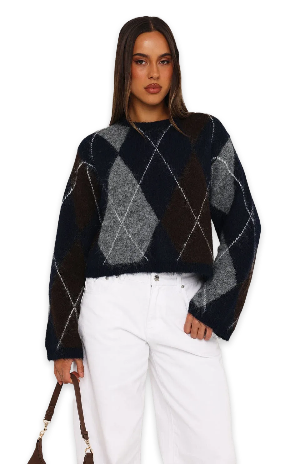 White Fox Rosy Glow Argyle Knit Sweater Navy, photo 2