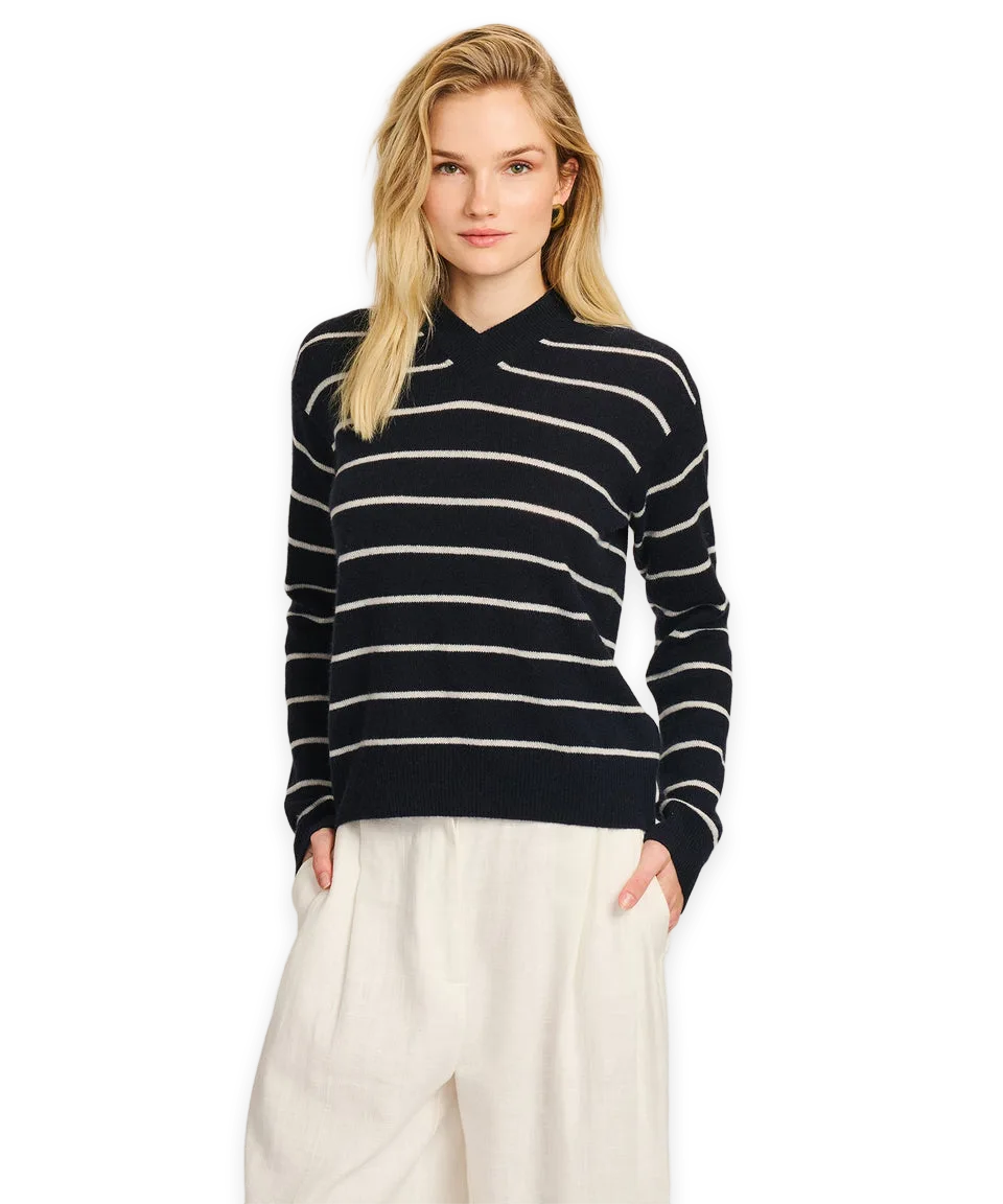 Naadam Lightweight Cashmere Striped High V-Neck Sweater