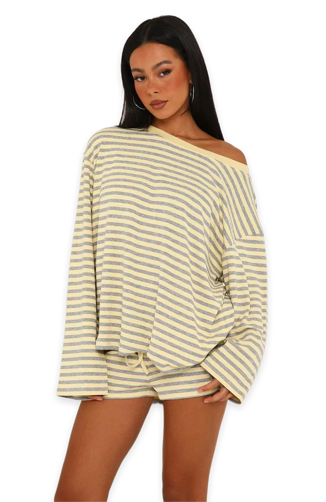 White Fox Touchdown Off Shoulder Oversized Long Sleeve Tee Lemon/Grey Marle