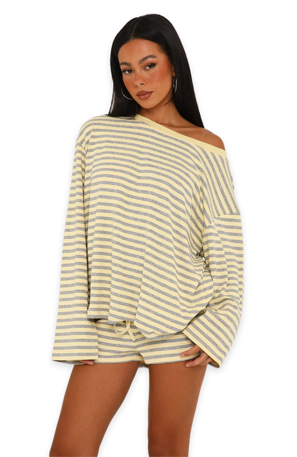White Fox Touchdown Off Shoulder Oversized Long Sleeve Tee Lemon/Grey Marle, photo 2