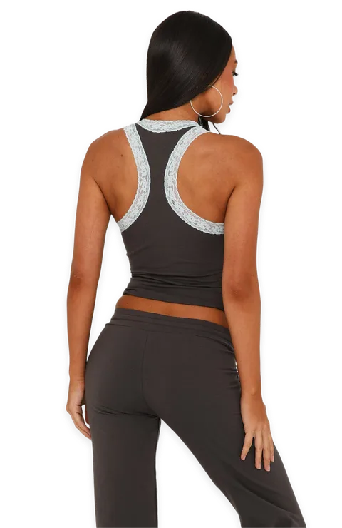 White Fox Midnight Sun Lace Trim Cami Top Charcoal/Baby Blue