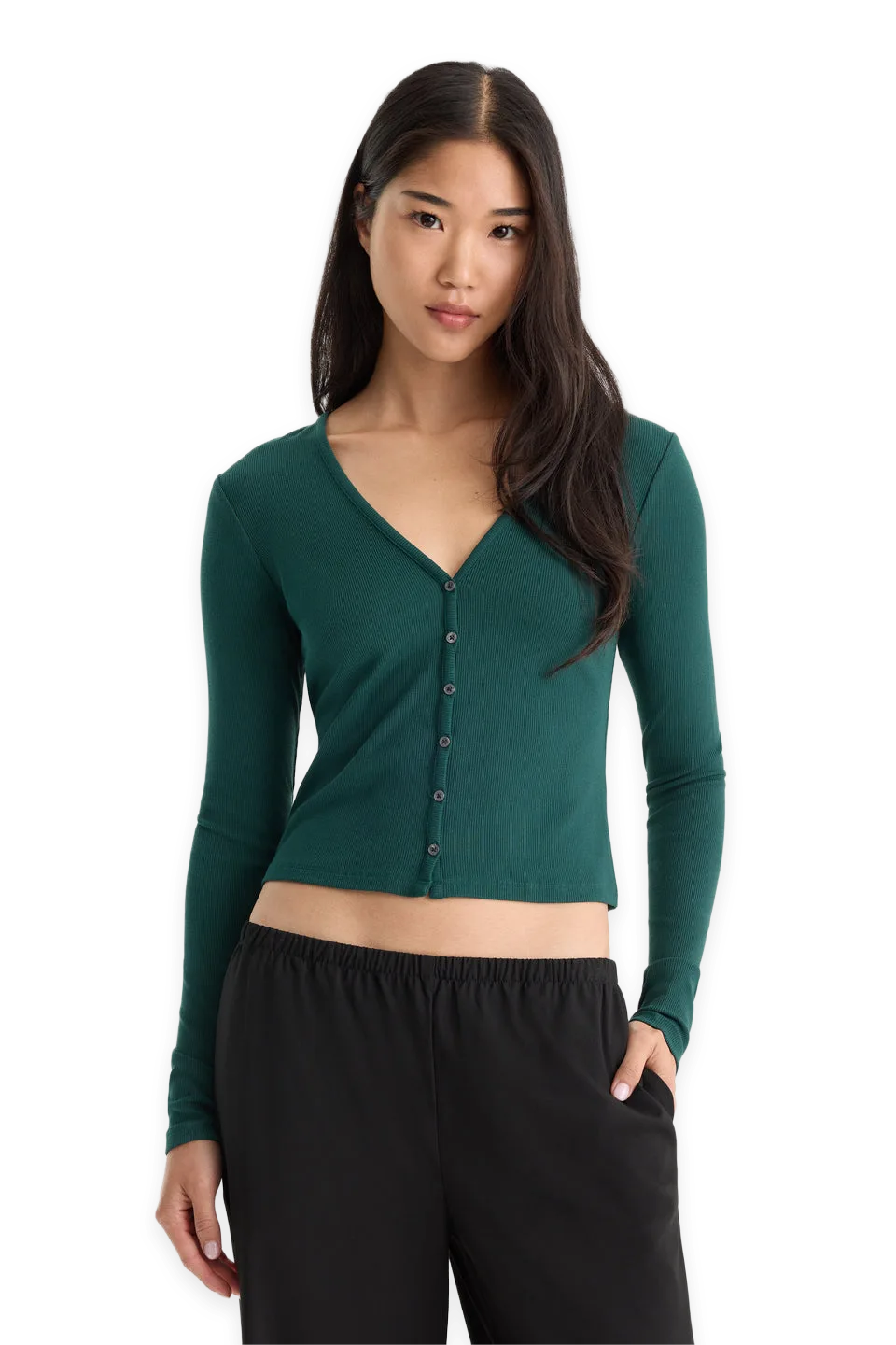 Good American THE RIB V NECK CARDIGAN