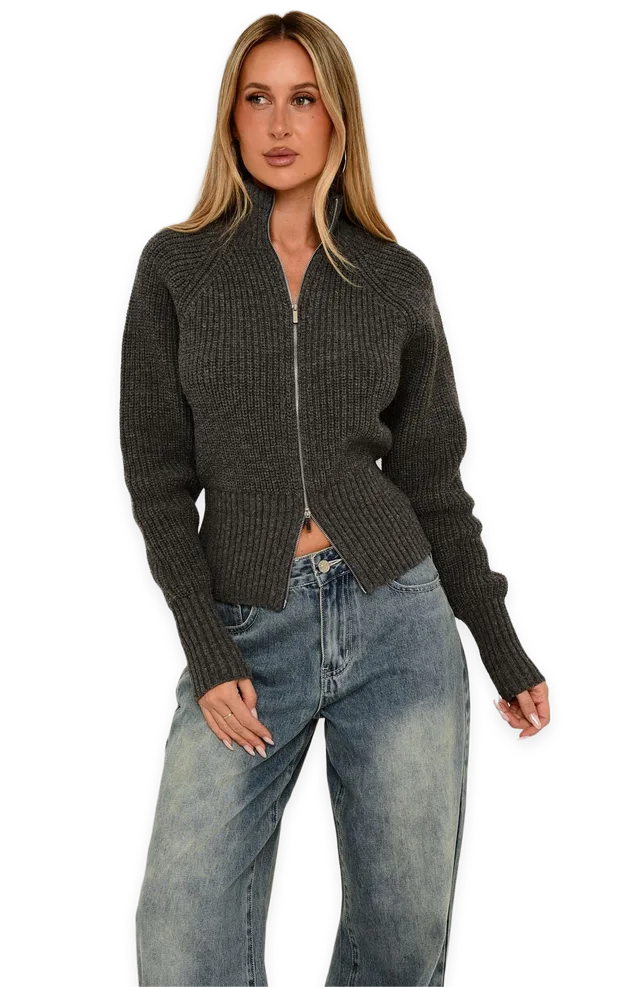 White Fox Yelena Knit Cardigan Charcoal