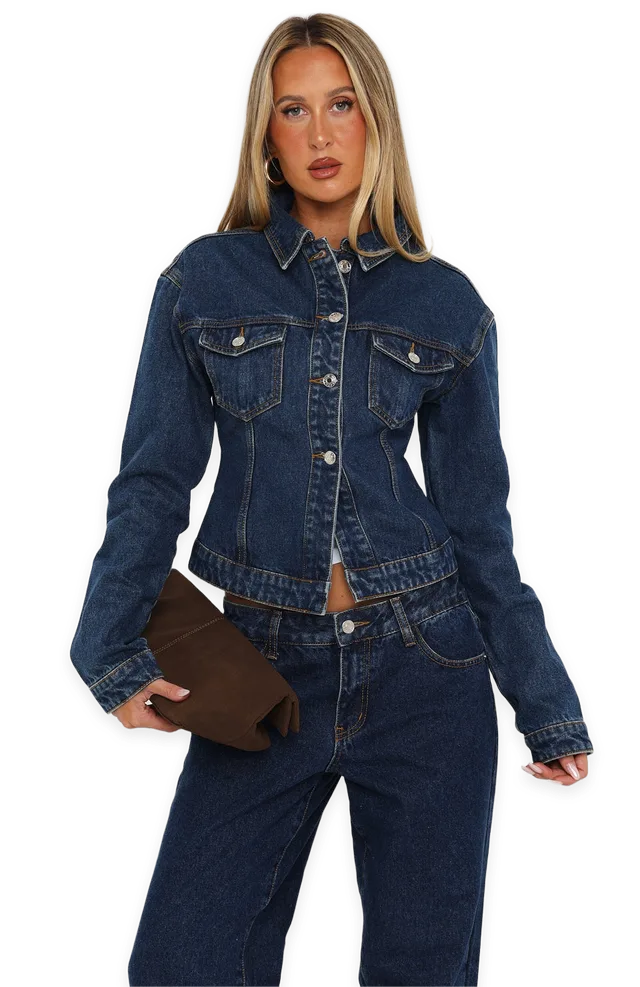 White Fox Bring The Style Cinched Denim Jacket Dark Blue Wash