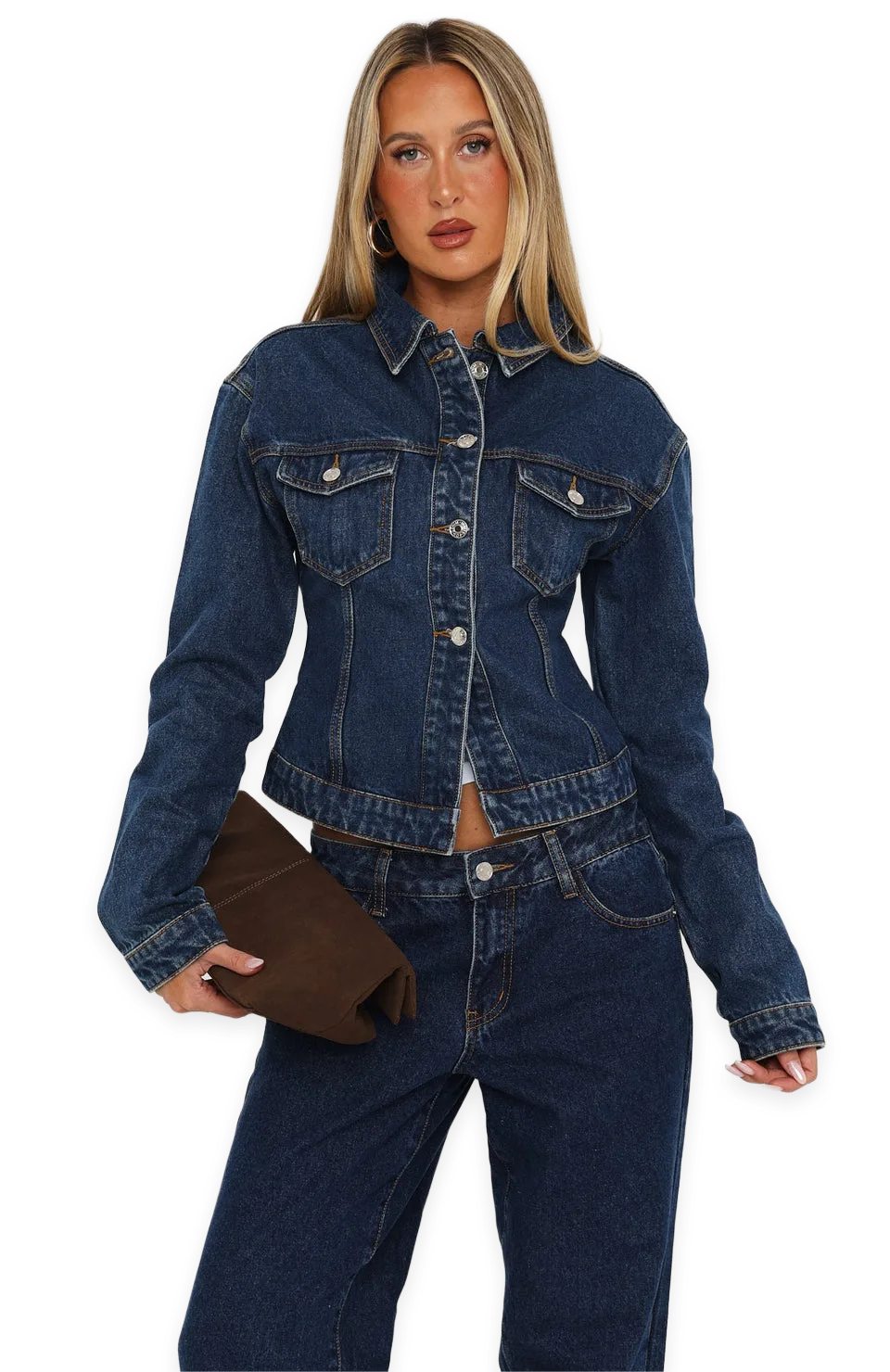 White Fox Bring The Style Cinched Denim Jacket Dark Blue Wash, photo 2