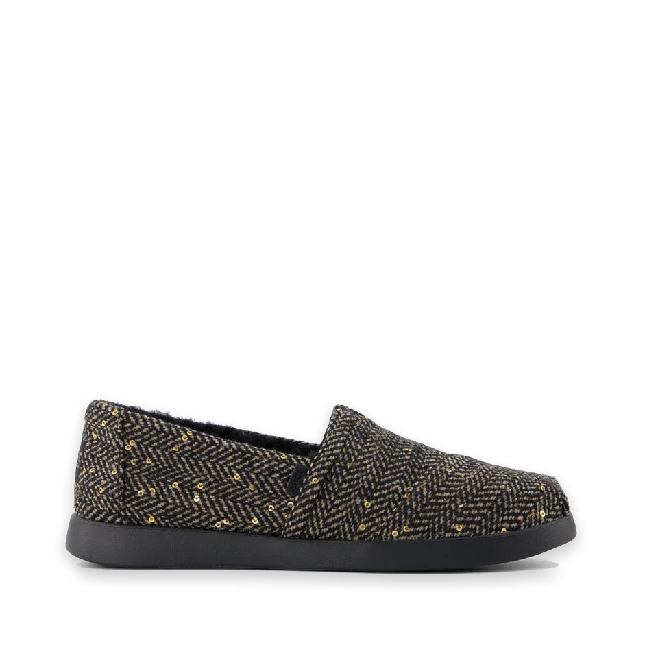 TOMS Womens Alpargata Plus Black Sequin Herringbone w/ Faux Fur